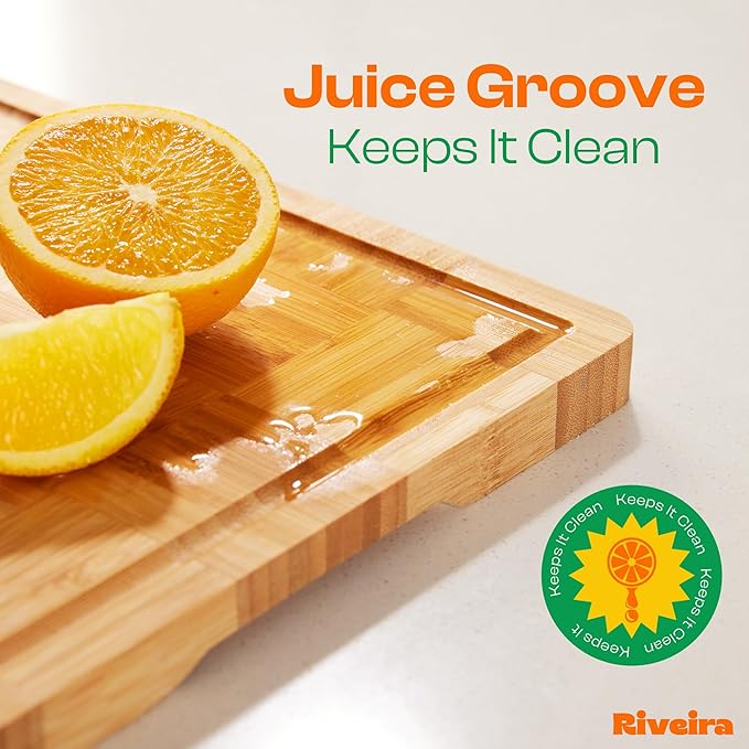 Riveira Bamboo End Grain Wood Cutting Board – Gourmet Bamboo Grandeur: 8 x 8 Wooden Cutting Board – Wooden Cutting Boards For Kitchen Decorative – Innovative Juice Grooves