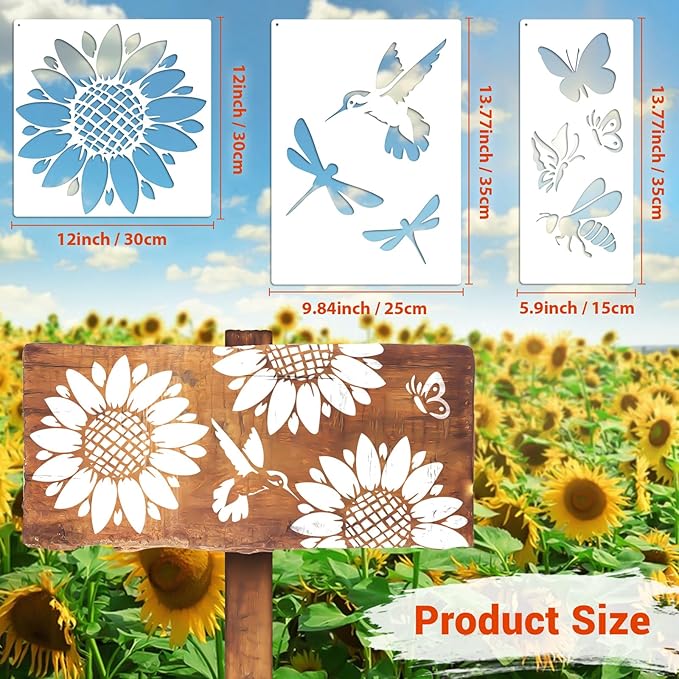12 PCS Large Flower Painting Stencils, Reusable Sunflower Stencils for Painting on Wood Rocks Canvas Fabric Glass Pottery DIY Painting Art Projects