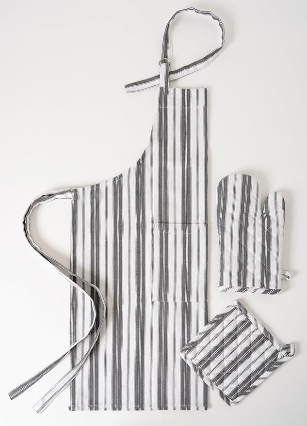 1 Oven Mitt, 1 PotHolder & 1 Kitchen Apron Set - Durable Heat Resistant Gloves - Thick Mittens for Kitchen - Suitable for Cooking, Baking, Grilling – Men & Women – Dark Grey Stripes - Casa De Lan