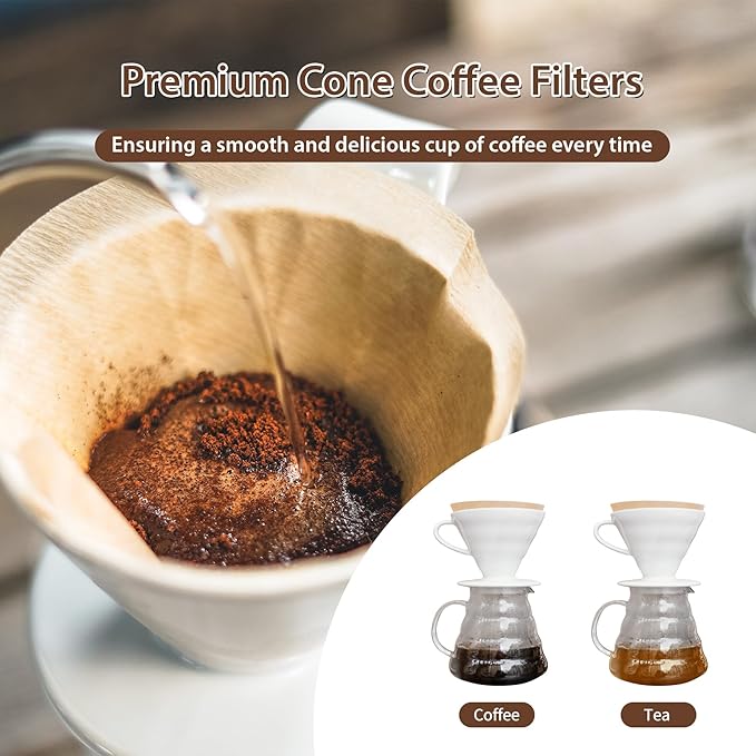 600 Count Cone Coffee Filters #4, Natural Brown Paper Cone Shaped Coffee Filters for Pour Over and Drip Coffee Maker (100 Count, Pack of 6)