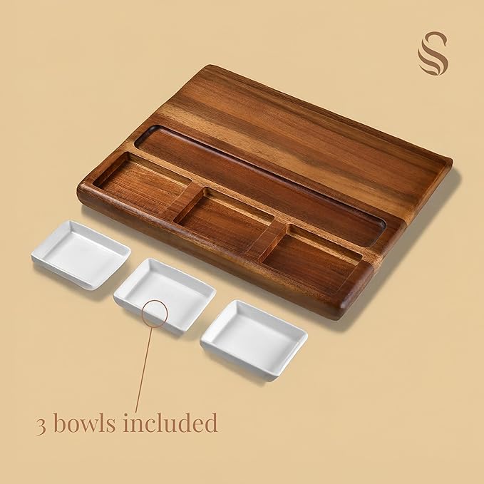 Shanik Large Acacia Wood Charcuterie Board Set with 3 Removable Ceramic Bowls & Serving Utensils - Housewarming, Wedding, Bridal Shower, Home and Kitchen, New Home Gift Ideas for Women, Gifts for Her