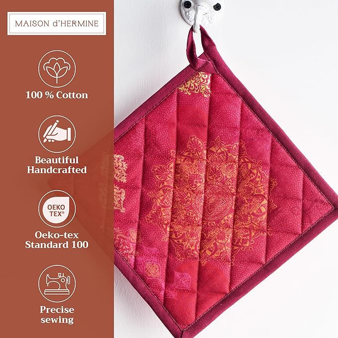 Maison d' Hermine Pot Holders 100% Cotton Heat Resistant Potholders 8" x 8" Hot Pads with Loop BBQ, Cooking, Baking, Grilling, Kitchen, Handling Hot Pans (Pack of 1, Versailles)