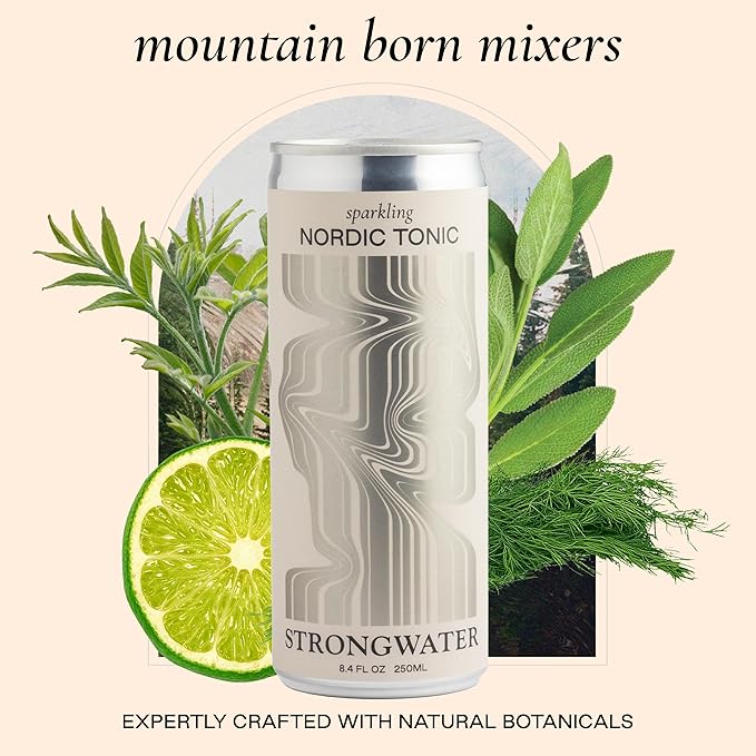 Strongwater Sparkling Nordic Tonic Water - 12 Pack Cans (8.4 Fl Oz Each) - Premium Mixer Made with Quinine, Rocky Mountain Water & Botanicals - Real Cane Sugar, No Artificial Flavors