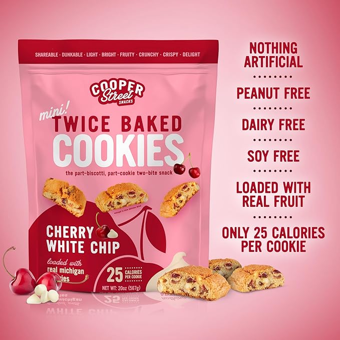Cooper Street Twice-Baked Cherry White Chip Biscotti Cookies (16 oz) – Over 50 Biscotti Cookies per Bag Loaded with Real Fruit, Traditional Italian Style Snacks - Dairy, Peanut & Soy Free, Kosher