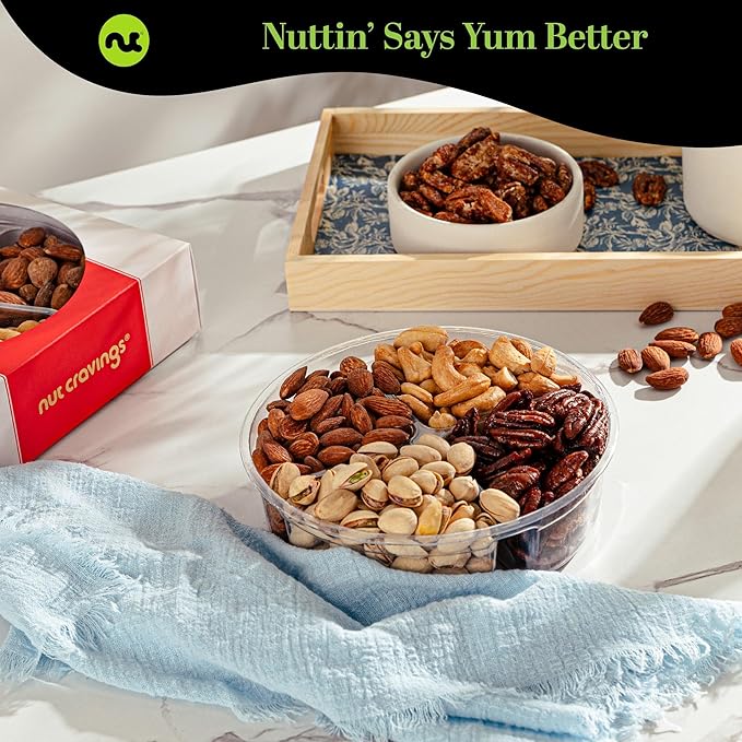 NUT CRAVINGS - Thanksgiving Mixed Nuts Gift Basket in Red Gold Box (4 Assortments) Holiday Xmas Christmas Food Arrangement, Healthy Snack Care Package, Food Assortments