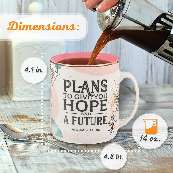 Christian Art Gifts Floral Ceramic Coffee Mug – 14 oz. Lead and Cadmium-free, Non-Toxic Inspirational Scripture Coffee and Tea Mug for Women with Bible Verse: Plans to Give You A Hope –Jeremiah 29:11