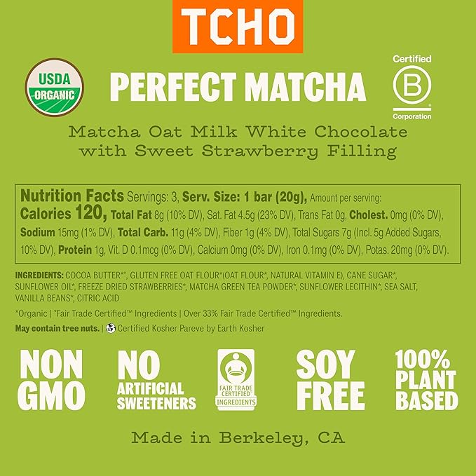 TCHO Perfect Matcha Chocolate Bar 3 Pack - Organic Oat Milk Chocolate with Matcha Shell and Strawberry Filling - Plant-Based Non-GMO Matcha Snacks
