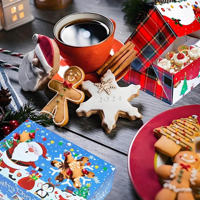 24 PCS Christmas Cookie Boxes for Gift Giving-Christmas Food Containers Cookie Tins, Christmas Tins Treat Boxes with Windows, Holiday Bakery Box for Pastries