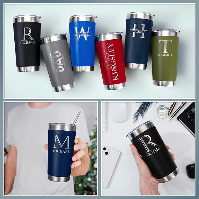 Personalized Tumbler with Engraved Name - 12 Designs, 30 Oz Coffee Tumbler with Slider Lid, Royal Blue, Double Wall Insulated - Custom Gifts for Men & Women