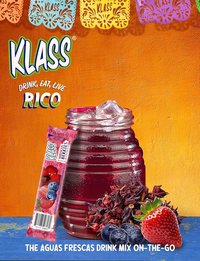 Klass Aguas Frescas | Drink Mix Hibiscus Berries | Sugar Free! (40 Count Powder Stick Packs)