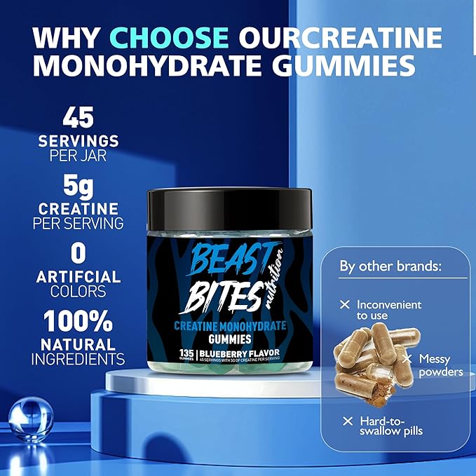 Creatine Monohydrate Gummies for Men & Women - 5g of Creatine Monohydrate per Serving - Sugar Free,Vegan, Blueberry Flavor, 135 Count.