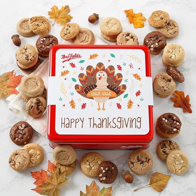 Mrs. Fields 48 Nibblers Bite-Sized Cookies Signature Thanksgiving Tin - Assorted with 48 Nibblers Bite-Sized Cookies in our 5 Classic Flavors for Thanksgiving