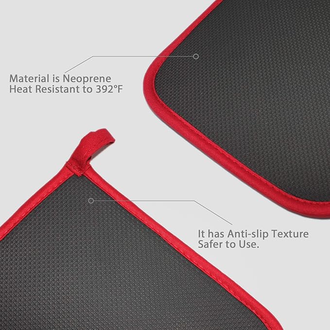 Cotton and Neoprene Oven Pads Pot Holders with Pocket 8"x8.5" Dual-Function Hot Pad Set for Finger Hand Wrist Protection Heat Resistant to 428°F Red