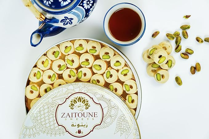 Zaitoune Ghraybeh Cookies - 1.1 lb | Luxurious Traditional Middle Eastern Pistachio Shortbreads Handcrafted in Turkey | Beautiful Reusable Gift Tin | Perfect for Dessert | Great Sharing Present