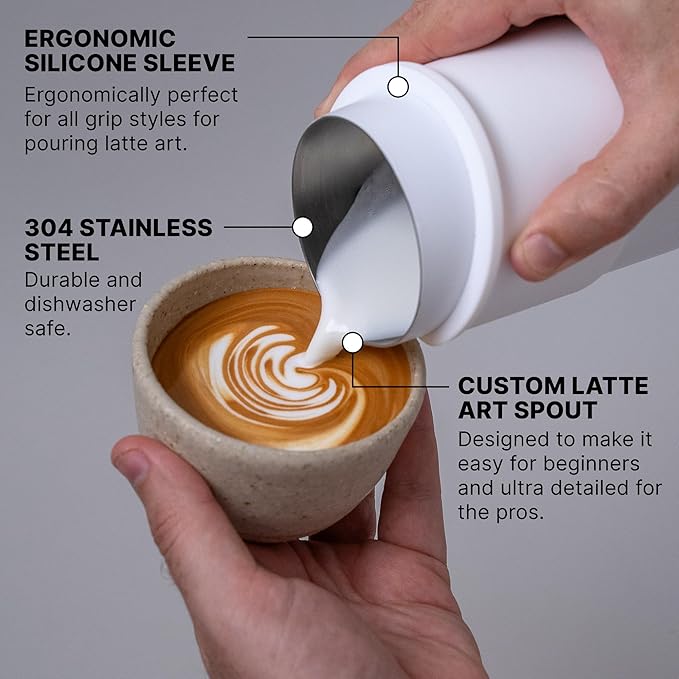 Subminimal FlowTip Handless Jug | Stovetop Milk Frothing, Foaming Pitcher for Premium Barista-Style Coffee | Cappuccino & Latte Art Pouring Jug with Ergonomic Heat Resistant Handle | 450ml, White