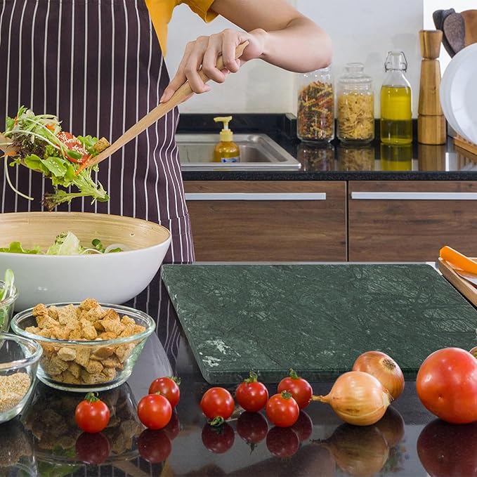 Green Marble Cutting Board, Marble Slab Pastry Board 12x20 Inch With Non-Slip Feet For Baking, Cheese, Charcuterie, Chocolate