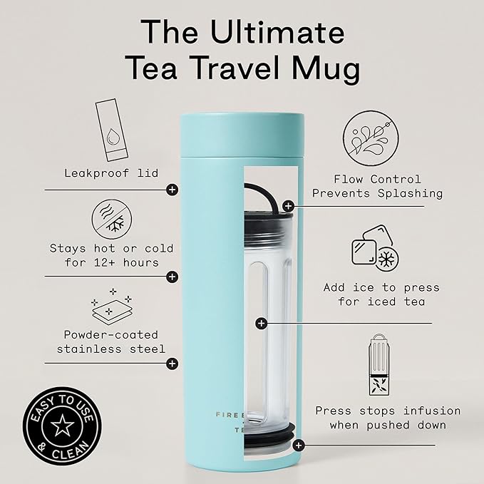 Firebelly Tea, Travel Tea Infuser Mug with Strainer, Insulated Tumbler for Loose Leaf Tea or Coffee, Leakproof Bottle for Hot or Iced Drinks, Stainless Steel Thermos with Lid, Mer