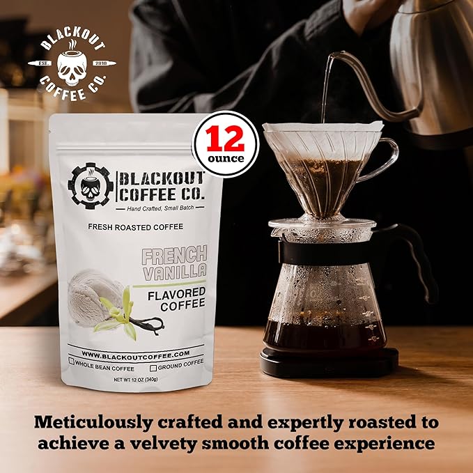 Blackout Coffee French Vanilla Flavored Coffee - Ground Coffee, Fresh Roasted In the USA,12 oz Pouch