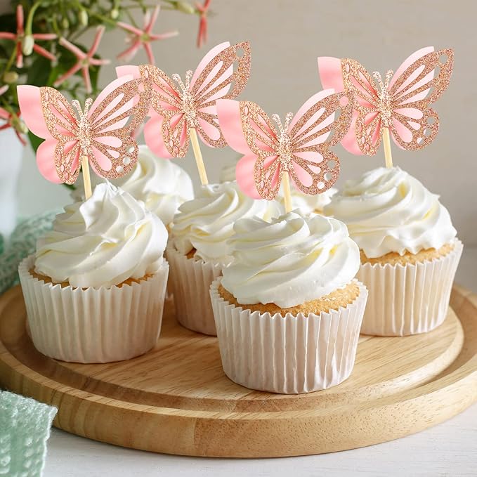 Chinco 48 Pcs Butterfly Cupcake Toppers Assembled Double Layer Cupcake Topper 3D Glitter Cake Topper Butterfly Cocktail Pick Decoration for Baby Shower Birthday Wedding(Pink,Classic Style)