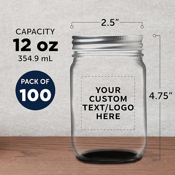DISCOUNT PROMOS 100 Decorating Mason Jars Set, 12 oz. - Customizable Text, Logo - Canning, Aluminum Lid - Black