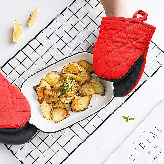 1 Pair Short Oven Mitts, Heat Resistant Silicone Kitchen Mini Oven Mitts for 500 Degrees, Non-Slip Grip Surfaces and Hanging Loop Gloves, Baking Grilling Barbecue Microwave Machine Washable