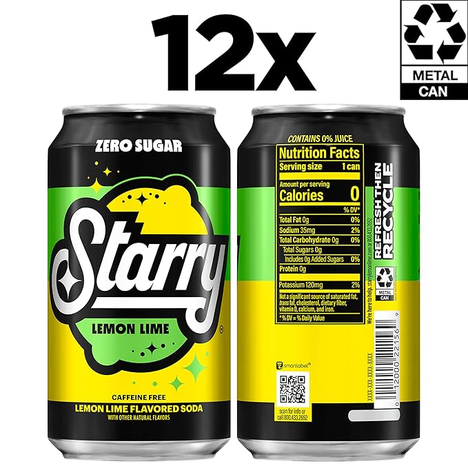 Starry Zero Sugar Lemon Lime Soda, 12 Fl Oz Cans (Pack of 12)