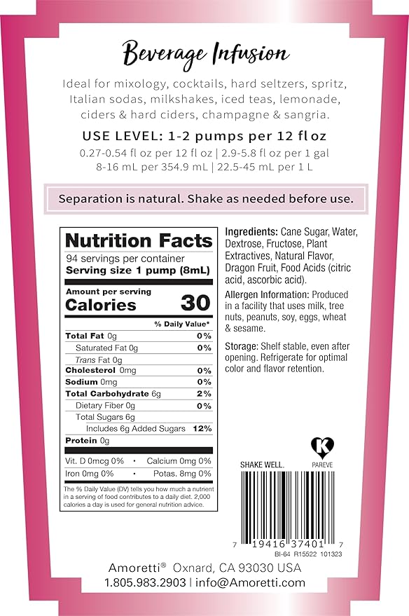Amoretti - Dragon Fruit Beverage Infusion, 94 Servings Per Bottle (750 ml) - Drink Mix & Water Enhancer with Pump for Flavoring Cocktails, Waters, Teas, and other Beverages, Preservative Free