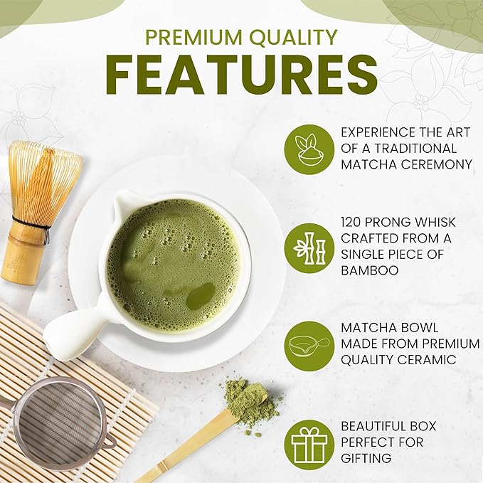 HAPPY PATH & CO Matcha Tea Set – 6 Pcs Matcha Kit Set Includes Bamboo Whisk(Chasen) & Bowl with Spout, Sifter, Scoop & Holder | White Matcha Whisk Set - Perfect Matcha Tool Set for Matcha Lovers