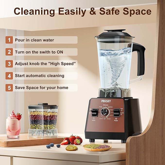 Blenders for Kitchen, Commercial Blender,2400W PRASY Food Processor with 101oz Juice & Grinder Jar, BPA-Free, 25000 RPM Blenders for Smoothies, Ice Crushing, Frozen Fruit (Brown, 2L)