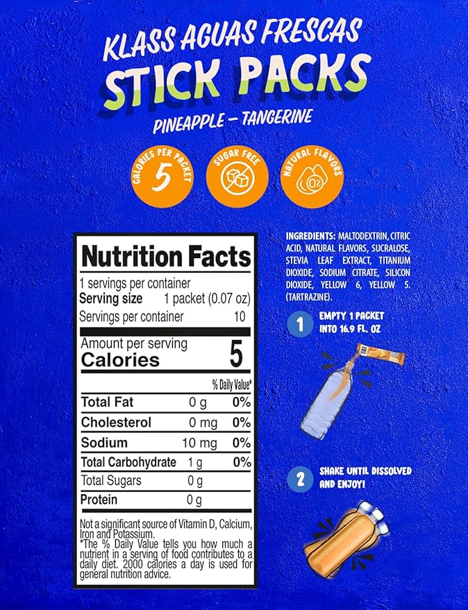 Klass Aguas Frescas | Drink Mix Pineapple Tangerine | Sugar Free! (40 Count Powder Stick Packs)