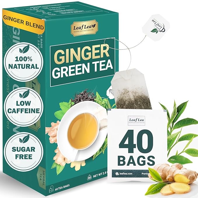 LeafLea Ginger Green Tea, 40 Individually Wrapped Tea Bags of Soothing Green Tea Blend with Natural Ginger Root, Sweetened with Stevia, Supports Digestion and Immunity, Low Caffeine, Sugar-Free