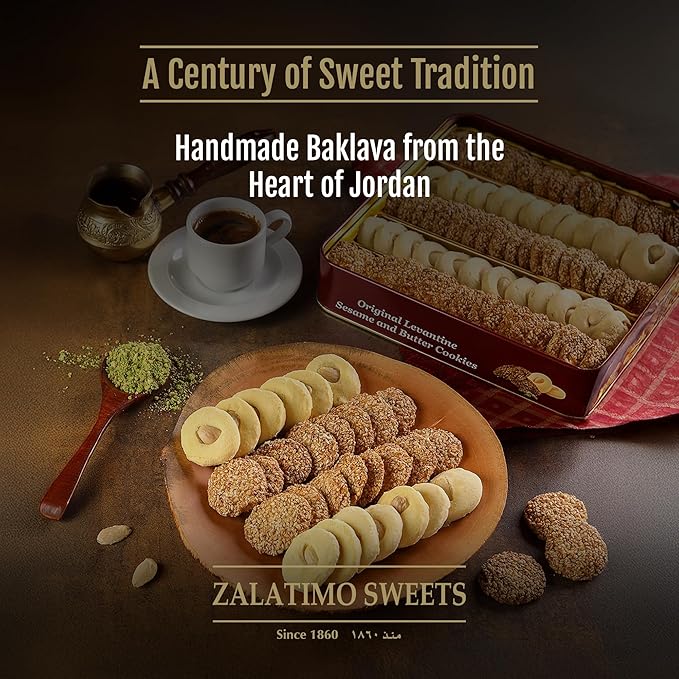 Zalatimo Sweets Since 1860, 100% All Natural Assorted Mamoul Shortbread Cookies, Square Metal Gift Tin, Slightly Sweet Cookies, Pistachio, Walnuts, Dates, No Preservatives, No Additives, 1.7Lbs