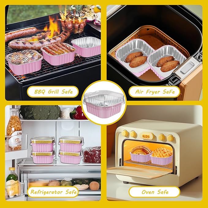 25 Pack Square Mini Cake Pans with Lids,Mini Loaf Pans with Lids,Aluminum Foil Baking Cups,Disposable Ramekins Cupcake Cups,Dessert Cups for Wedding Birthday Party Picnics,5oz (Pink)