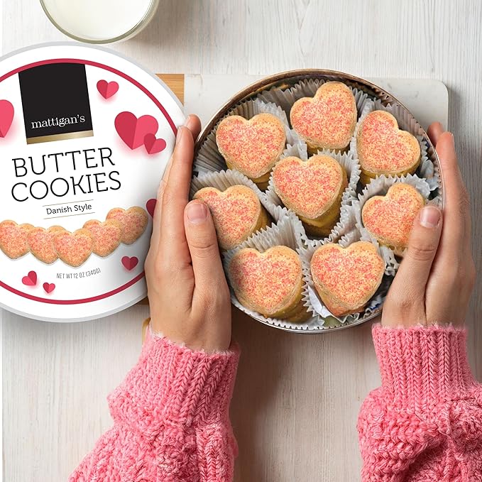 Mattigan's Pink Heart Butter Cookies Danish Style Cookie, 12 Oz Tin 2-Pack, Gourmet Gifts for Birthday, Special Occasions, Assorted Cookie Dessert Sweets, Two Reusable Metal Tin