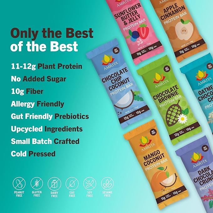 Amrita Nut Free 6 Flavor Variety Pack Vegan Protein Bars (12 CT) | 11g to 12g Plant-Based Protein Bar | Peanut Free, Gluten Free, and Dairy Free | Low Sugar, High Fiber, Healthy School-Safe Snacks