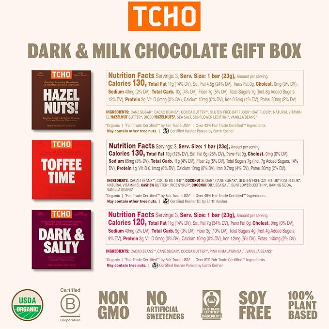 TCHO 6-Bar Dark Chocolate Variety Pack | Single Origin, Plant Based, Organic & Fair Trade | Non GMO, Non-Dairy, Vegan, Soy Free (2.5oz each) - Perfect Organic Chocolate Gift Box for Any Occasion