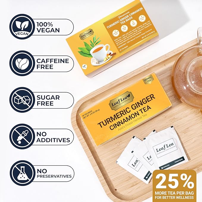LeafLea Turmeric Tea with Ginger and Cinnamon, 80 Premium Turmeric Ginger Tea Bags, Supports Immune Health & Digestion, 100% Natural & Pure Blend Herbal Tea, Caffeine-Free, No Sugar, Vegan