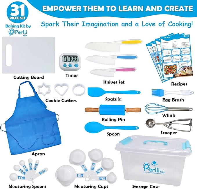PERLLI Kids Real Cooking Set for Cooking and Baking – 31 Pc. Gift for Junior Chef with Real Utensils, Case & Safe Kids Knife Set for Boys & Girls – Fine Motor Skills & Fun for Children Ages 6+, Blue
