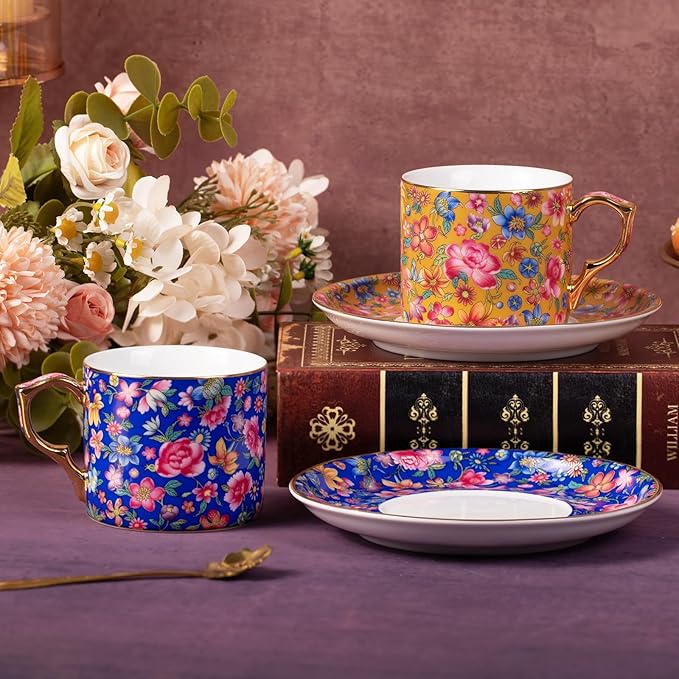 KAMMAK Tea Cups and Saucers Set of 2, Ceramic Coffee Cup with Saucer for Espresso, Cappuccino, 7oz Vintage Yellow and Blue Floral Porcelain Demitasse Mug for Home, Tea Party, Office