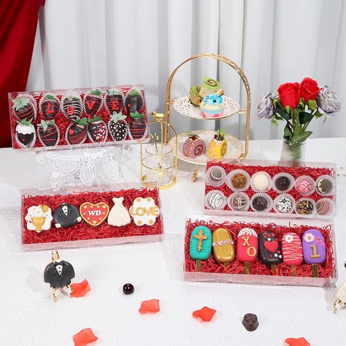 RomanticBaking 20Pcs 12x5x2Inches Clear Easter Cookies Boxes Chocolate Covered Strawberries Boxes for 12 Plastic Truffle Box Bakery Cakesickle Gift Box for Christmas Valentine's