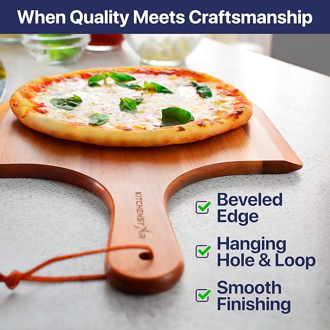 KitchenStar 12-Inch Acacia Wood Pizza Peel – Wooden Cutting & Serving Board with Handle & Hanging Loop – Natural Oil Finish – Ideal Pizza Oven Accessory for Easy Sliding & Prep