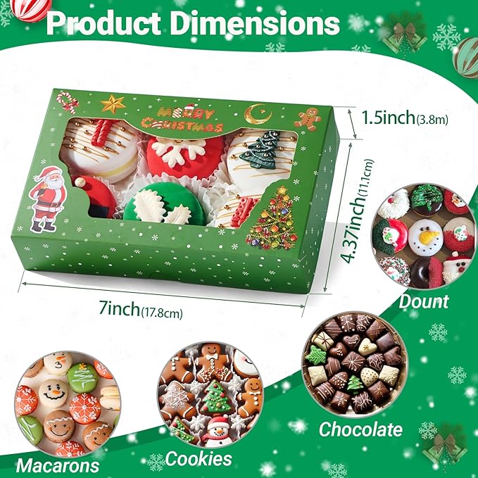 24 Pack 7x4.3x1.5Inch Christmas Bakery Boxes with 3 Patterns Clear Window Perfect for Packaging Macaron Cake Pop Chocolate Truffle Cookie Donut Pie Boxes for Treats & Holiday Party Favors
