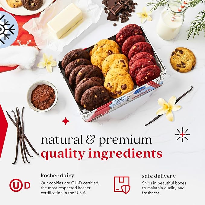 David's Cookies Christmas Cookies Gift Box 24 Pack, Fresh Baked Assorted Mini Cookies in Winterwonderland Tin with Chocolate Chip, White Chocolate Chip & Red Velvet - Gourmet Holiday Food Gift Basket