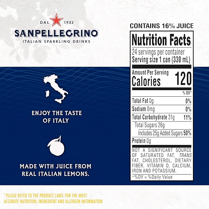 Sanpellegrino Italian Sparkling Drink Limonata, Sparkling Lemon Beverage, 24 Pack Of Cans