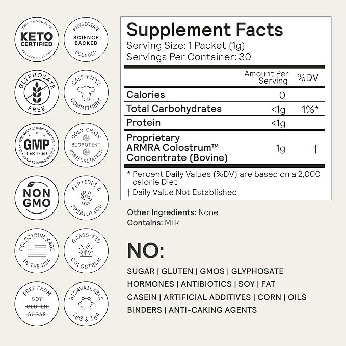 ARMRA Colostrum™ Powder | Unflavored | Gut Health & Bloating | Skin & Hair | Immunity | Keto, Gluten & Fat-Free | 60 Servings