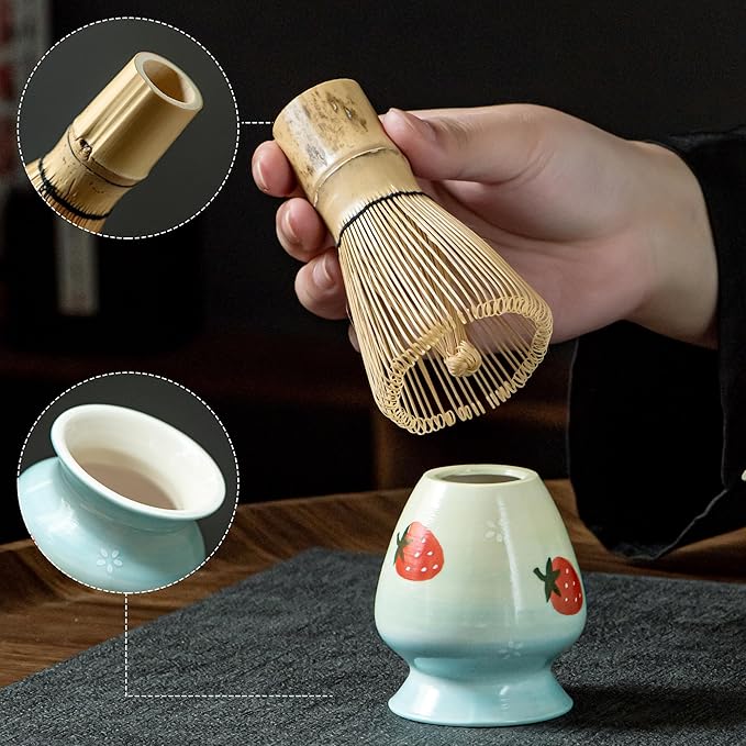 Matcha Whisk Set, Cute Strawberry Matcha Bowl Set with 2 Cups, Bamboo Whisk, Scoop & Holder, Matcha Kit Gift for Tea Lovers and Tea Ceremony, Birthday, Anniversary