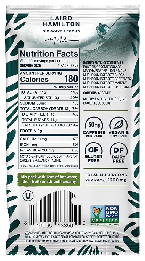 Laird Superfood Instant Latte Matcha, Non-Dairy, Superfood Creamer, Gluten Free, Non-GMO, Vegan, 15pk Sachets