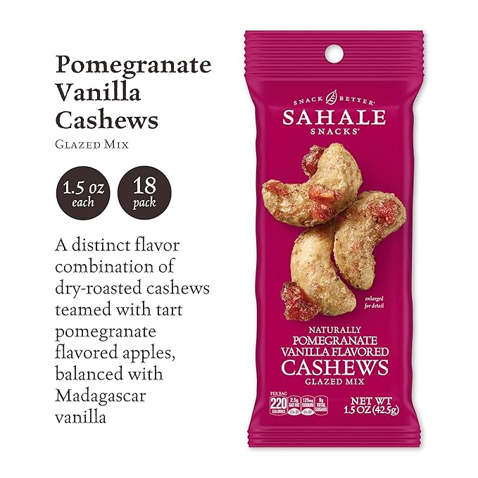 Sahale Snacks Pomegranate Vanilla Cashews, 1.5 oz Bags (18 Packs) - Dry-Roasted Deluxe Mixed Nuts with Pomegranate Infused Apples & Madagascar Vanilla - Non-GMO, Kosher, & Certified Gluten-Free Snacks