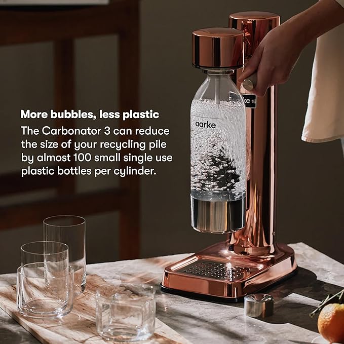 Aarke Carbonator lll with CO2 Cylinder, Sparkling & Carbonation Water Machine, Stainless Steel with PET BPA-Free Reusable Bottle Volume 1L/34 fl oz (Copper)