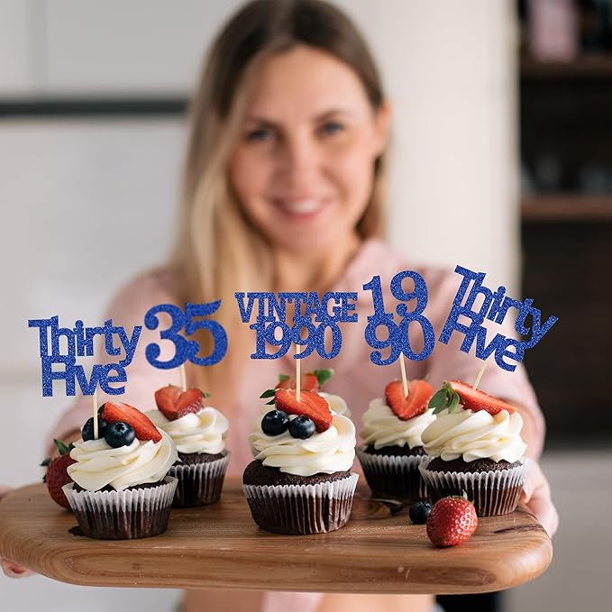 Gyufise 24Pcs Vintage 1990 Cupcake Toppers Glitter Cheers to 35 Fabulous Thirty Five Cupcake Picks 35th Birthday Wedding Anniversary Party Cake Decorations Supplies Deep Blue